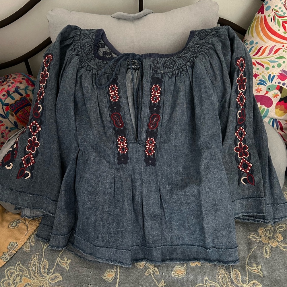 Free People Denim Blue Embroidered Blouse